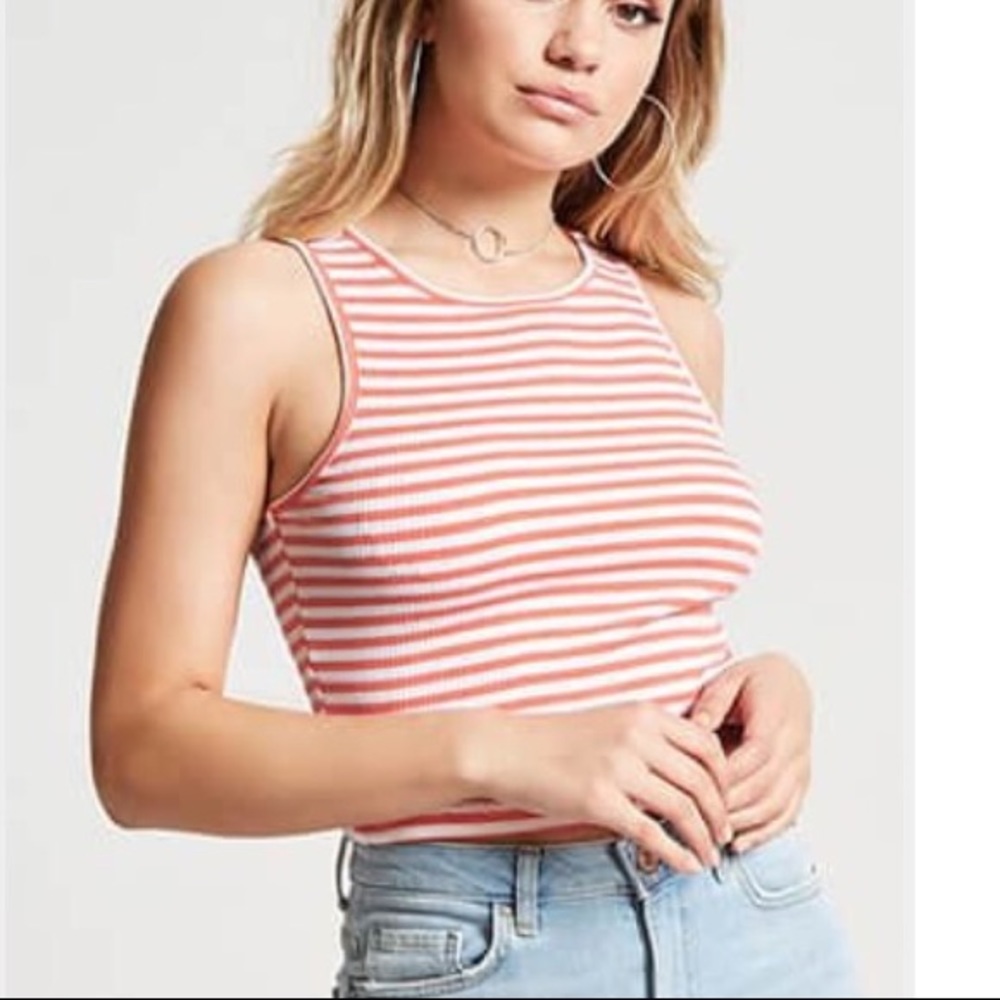 Coral & White Striped Tank Crop Top